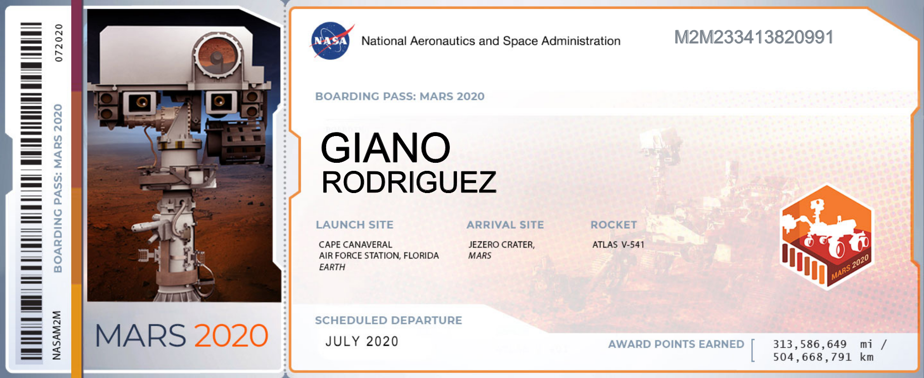 my boarding pass includes an inserted image of Mars 2020 Perseverance rover Mastcam-Z, my name and flight information